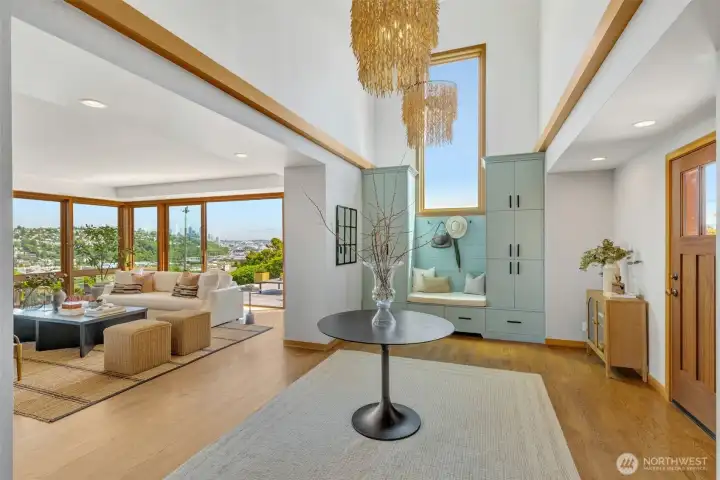 Dramatic two-story entry with expansive 10-foot windows