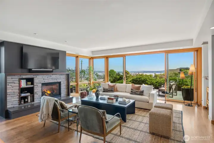 Floor-to-ceiling, south-facing fir windows and  sliding doors