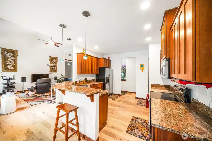 Stunning kitchen with granite countertops.