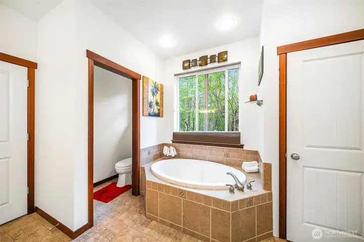 Large bathtub with forest views!