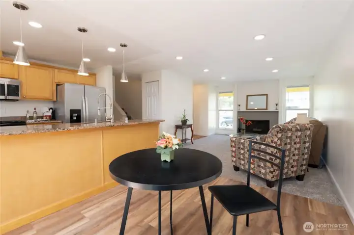 Dinning/Kitchen/Living room with wood fireplace