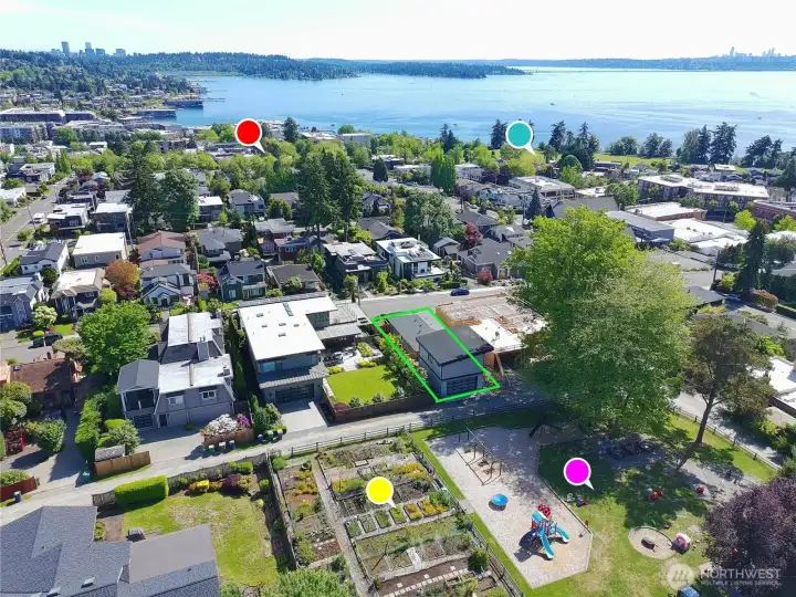 Yellow: Community Pea Patch     Red: Heart Of Downtown Kirkland     Pink: Tot Lot Park     Blue: Heritage Park & Tennis Courts