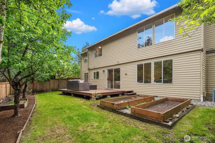 Expansive freshly painted entertainer's deck overlooking the fully fenced backyard, perfect for outdoor dining, summer gatherings, and enjoying the mature fruit trees and lush landscaping. Expansive freshly painted entertainer's deck overlooking the fully fenced backyard, perfect for outdoor dining, summer gatherings, and enjoying the mature fruit trees and lush landscaping.