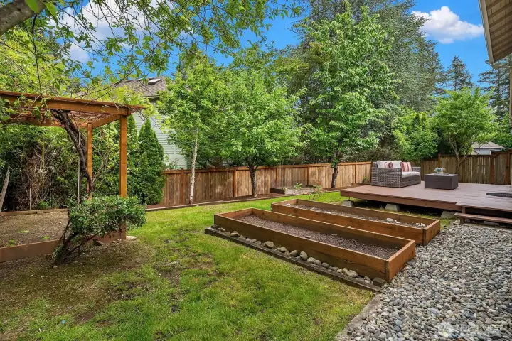 Lush and private backyard showcasing the raised garden beds, mature fruit trees, and fully fenced yard, creating an incredible outdoor retreat right at home. Lush and private backyard showcasing the raised garden beds, mature fruit trees, and fully fenced yard, creating an incredible outdoor retreat right at home.