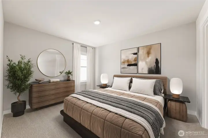 Secondary upstairs bedroom + walk in closet - virtually staged. Secondary upstairs bedroom + walk in closet - virtually staged.