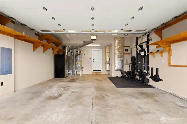 Oversized 2 car garage. Gym equipment can stay or go.