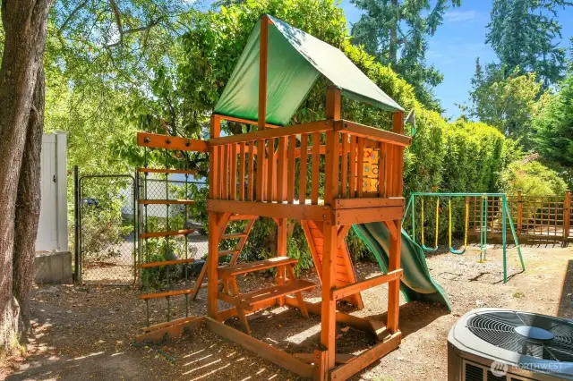 This play equipment conveys with the home, and this section of the back yard could also make a perfect shady dog run.