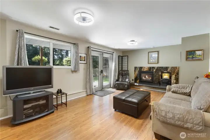 Family Room downstairs has a new fireplace.