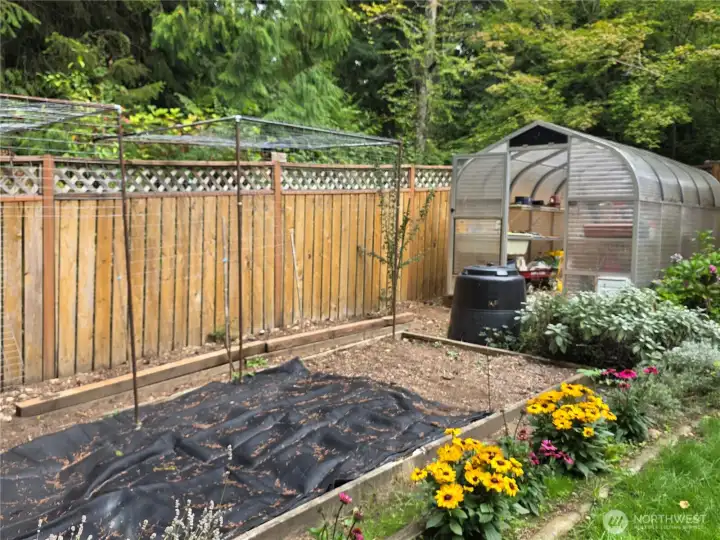 Garden area and well-made greenhouse.