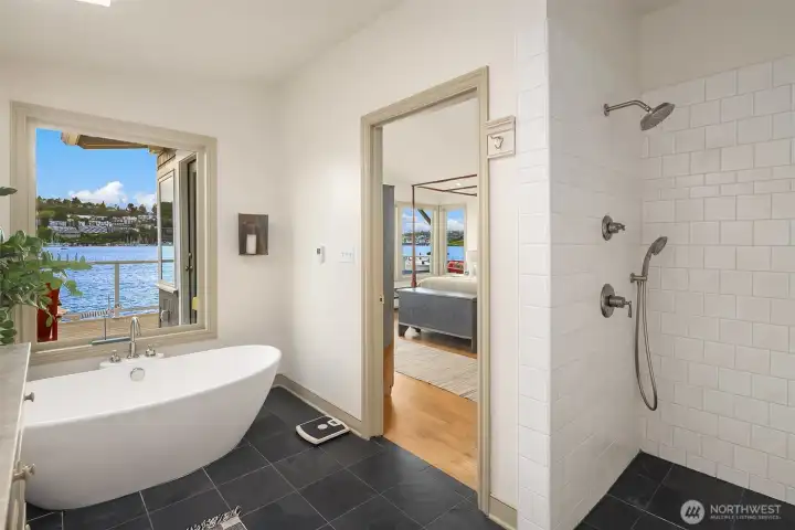 Primary bedroom bath and shower.