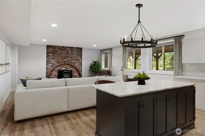 Virtually staged daylight basement, you can see the cozy fireplace here.