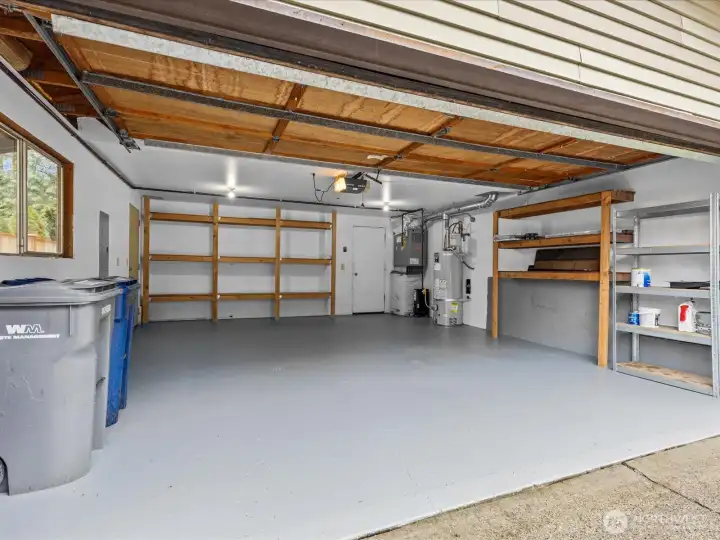 The finished garage has space for storage and projects.
