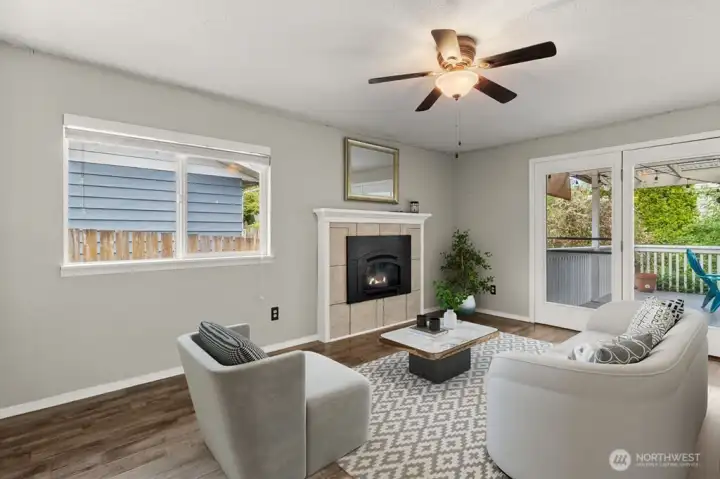 Family Room with Gas Fireplace and access to deck