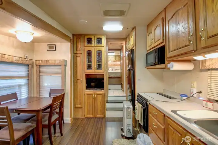 Trailer kitchen and dining area