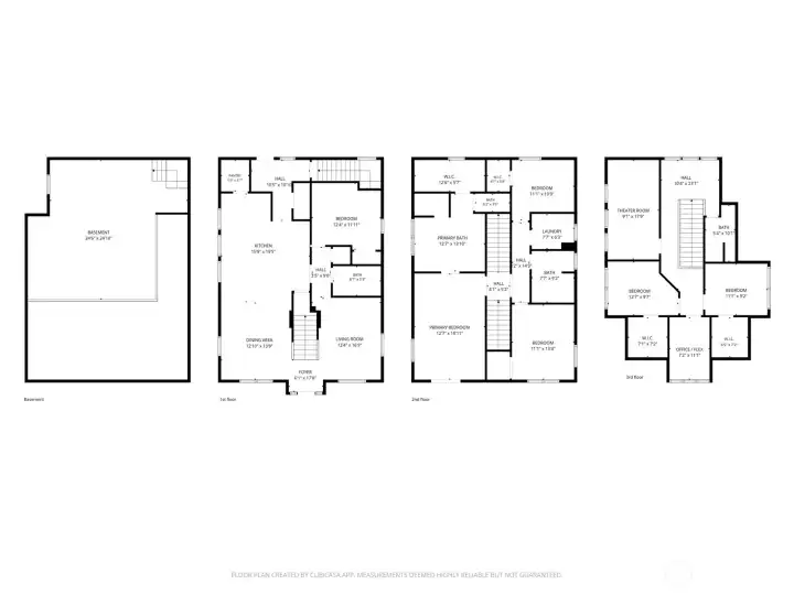 Four levels of intentional design — basement systems, main floor living, second floor primary suite and bedrooms, third floor media room and flex spaces. The kitchen at 15’9” x 19’5”, primary bedroom at 12’7” x 18’11” with dual walk-in closets, and theater room at 9’1” x 17’9” confirm the scale that the photos suggest. Measurements deemed highly reliable but not guaranteed.