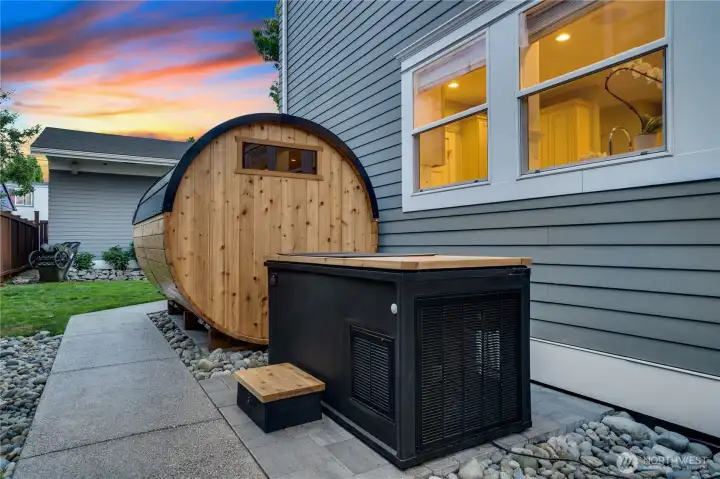 The cedar barrel sauna and Renu cold plunge side by side — a complete contrast therapy circuit in the backyard. Heat, cold, recovery. For the physician or executive who runs hard and needs to reset, this combination is the feature that separates this home from every other listing in this price range.