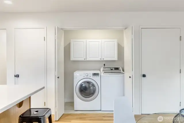 Laundry is pictured, door to the right is garage, door to the left is pantry