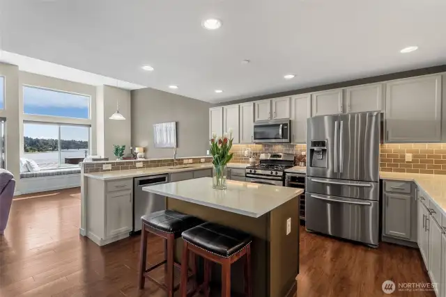 Kitchen with eating space and Quarts Countertops