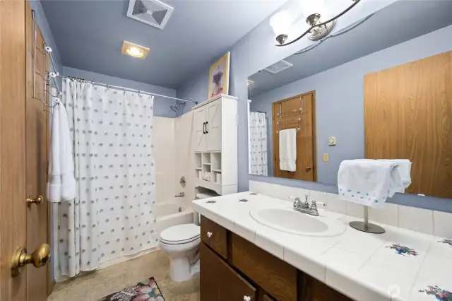 The upstairs bathroom can be accessed directly from the master bedroom or the hallway.