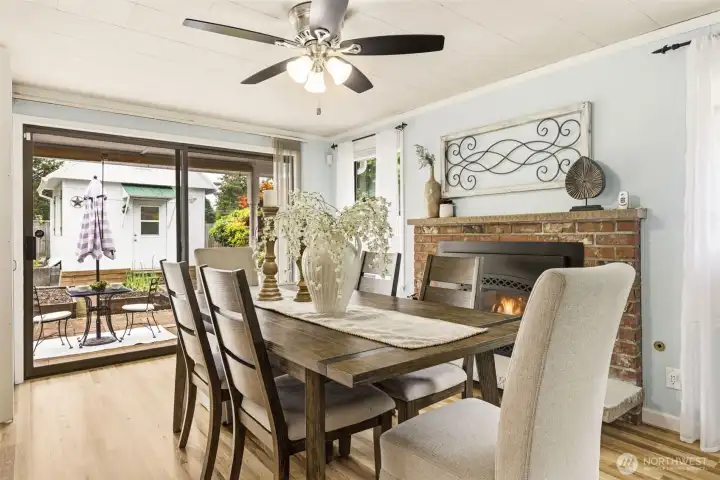 Dining area overlooks the backyard gardens and enjoys beautiful natural light.
