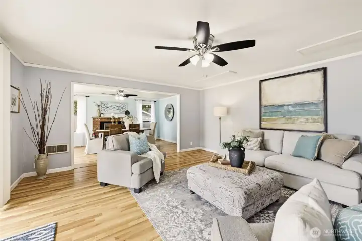 Comfortable family room offers flexible living space for entertaining, reading, or relaxing.
