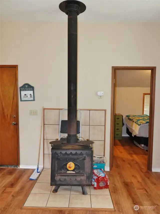 Free-standing wood fireplace.