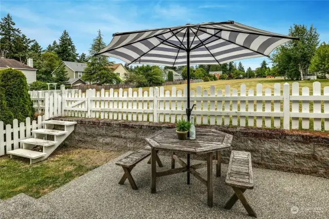 A fantastic, easy care yard and patio just outside the French doors. A gate leads you out to the Parade Grounds Park.