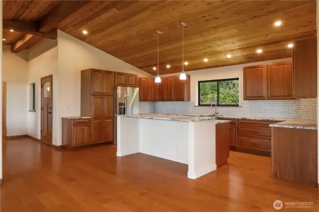Kitchen area with island.