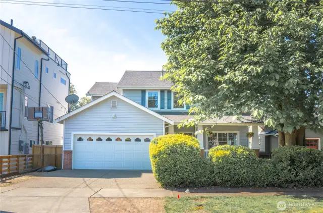 Front of the house with bushes and tree for privacy.