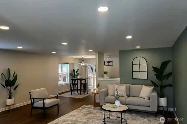 *virtually staged* huge living room, open concept to dining and kitchen