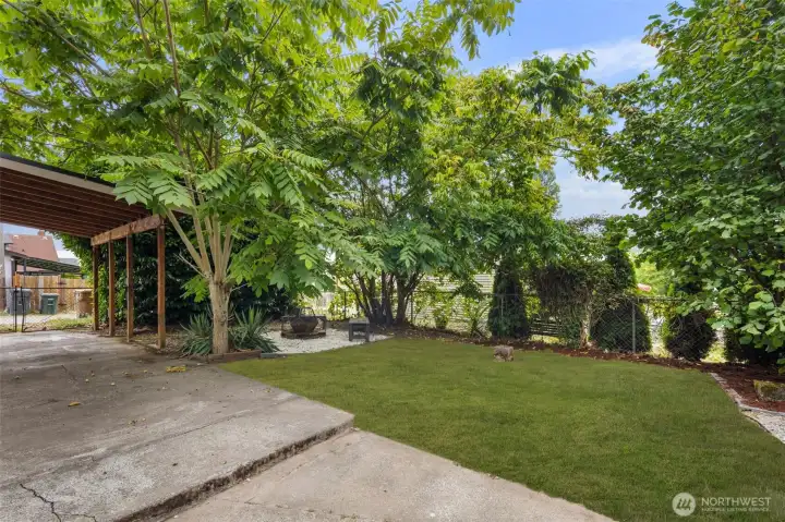 Green space and shade trees create a peaceful backyard escape with plenty of room to enjoy.