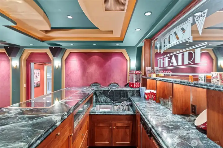 Concession Bar includes a sink, soda pumps, dishwasher, and beverage refrigerator with icemaker.