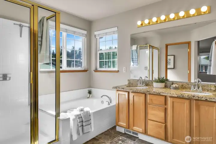 Primary bathroom. Walk-in closet is just to right (out of the picture)
