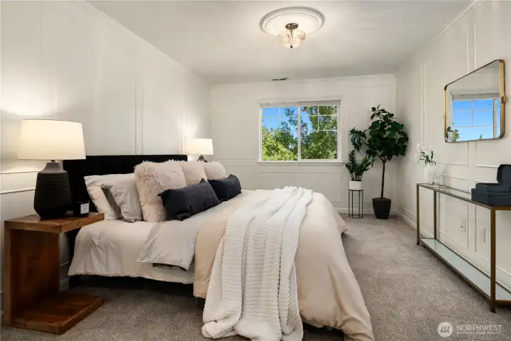 This sumptuous primary features extensive shadow box detailing and designer lighting.