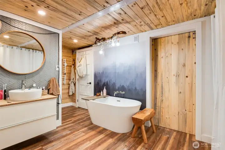 Downstairs bath with soaker tub, storage and laundry space