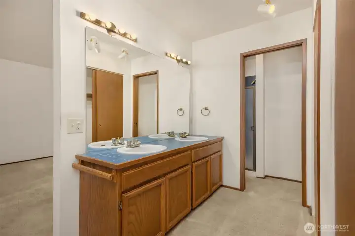 Primary suite bathroom. Needs some TLC.