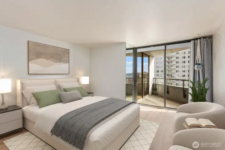 Virtually staged Seattle condo bedroom featuring large sliding glass doors opening to a private balcony with surrounding city views and partial water views in the distance.
