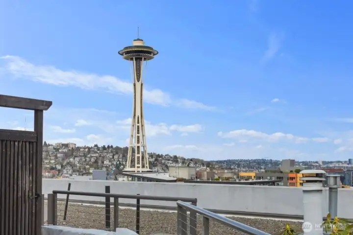 Seattle rooftop deck with Space Needle view, outdoor seating area, and elevated perspective overlooking surrounding Queen Anne hillside and city skyline.