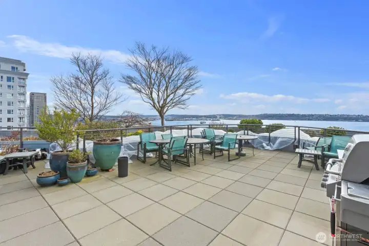 Seattle condo rooftop deck featuring outdoor grilling station, seating areas, and expansive Puget Sound views ideal for relaxing or entertaining.