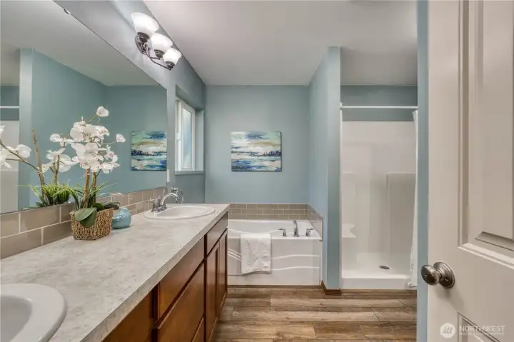 Great lay out in the primary bath.  The toilet is enclosed in it's own space for privacy.