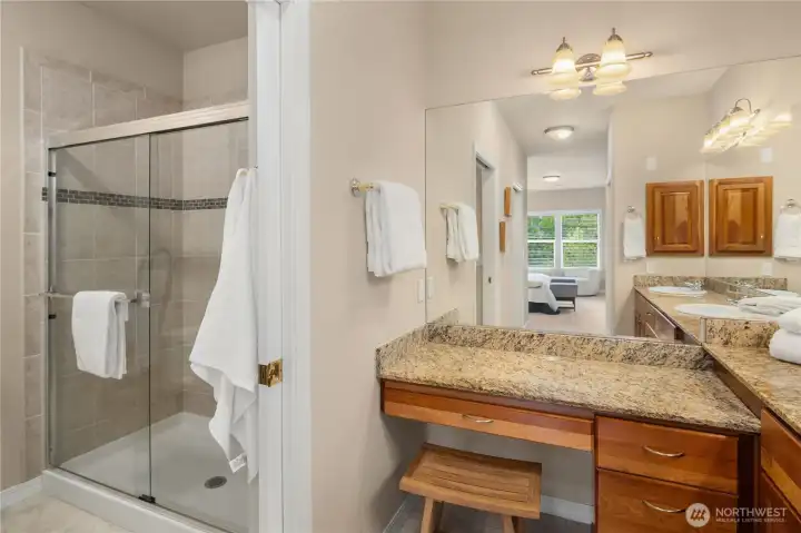 Primary bathroom with easy walk in shower.