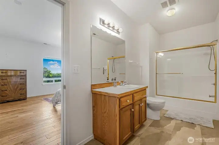 The lower level full bathroom.