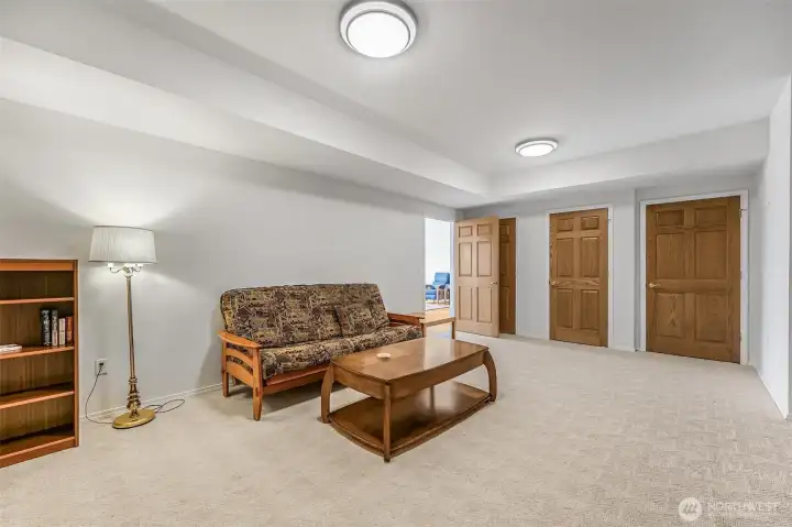 The theatre room is perfect for movie night and has a ton of storage space.
