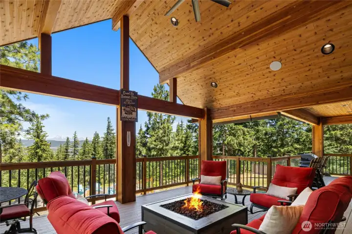 Covered deck is the perfect place to relax and enjoy the mountain views.