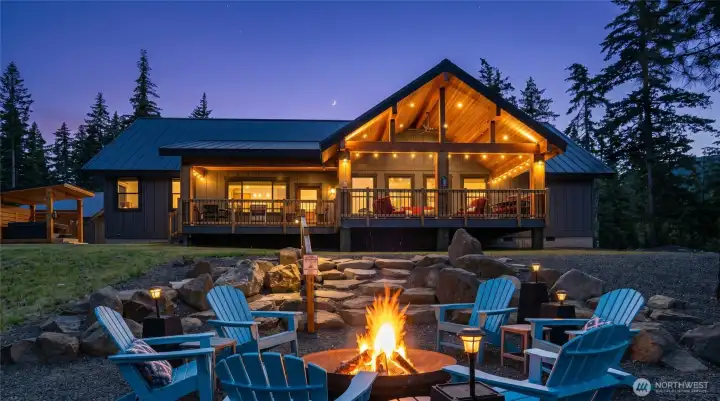 Outdoor firepit at twilight.