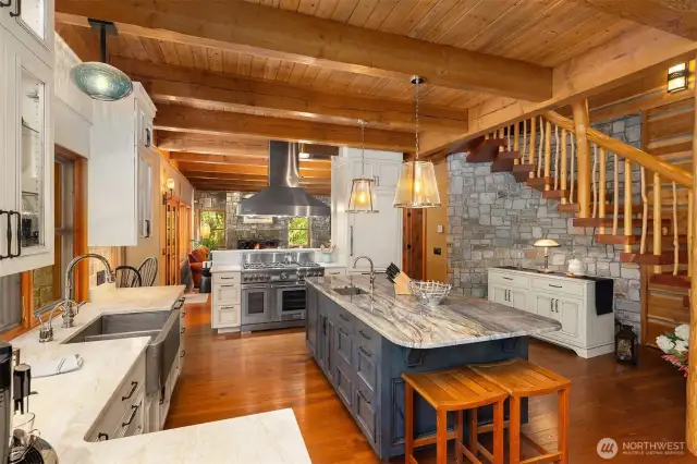 Large Island, Prep Sink, Wood Beams, Jay Acheson Cabinetry