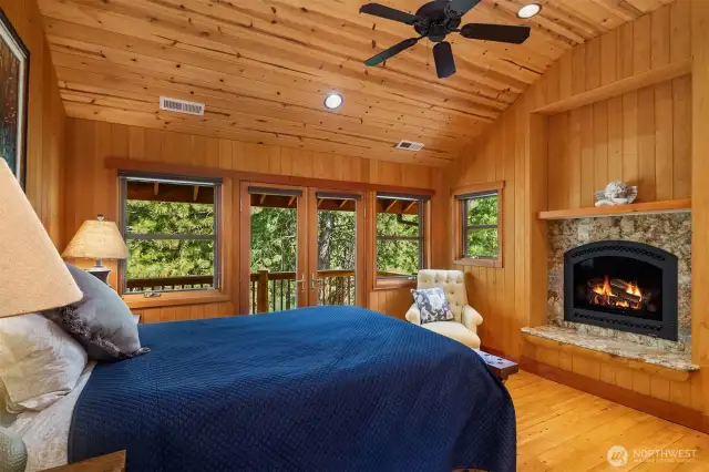 Upstairs Primary Bedroom with Deck and Propane Fireplace