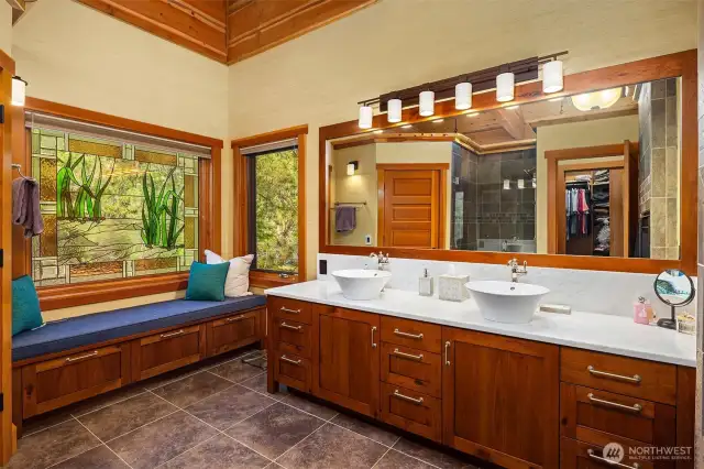 Primary Bath Main Level ~ Silvermoon Stained Glass, Tile walk in Shower, Large walk in Closet