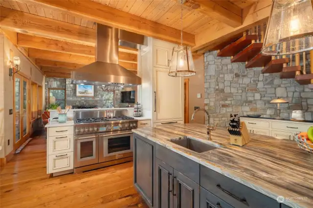 Large Island, Prep Sink, Wood Beams, Jay Acheson Cabinetry