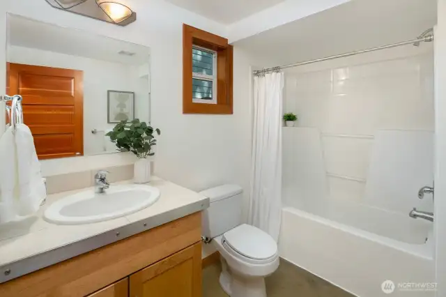Lower level full bath adjacent to the guest bedroom.